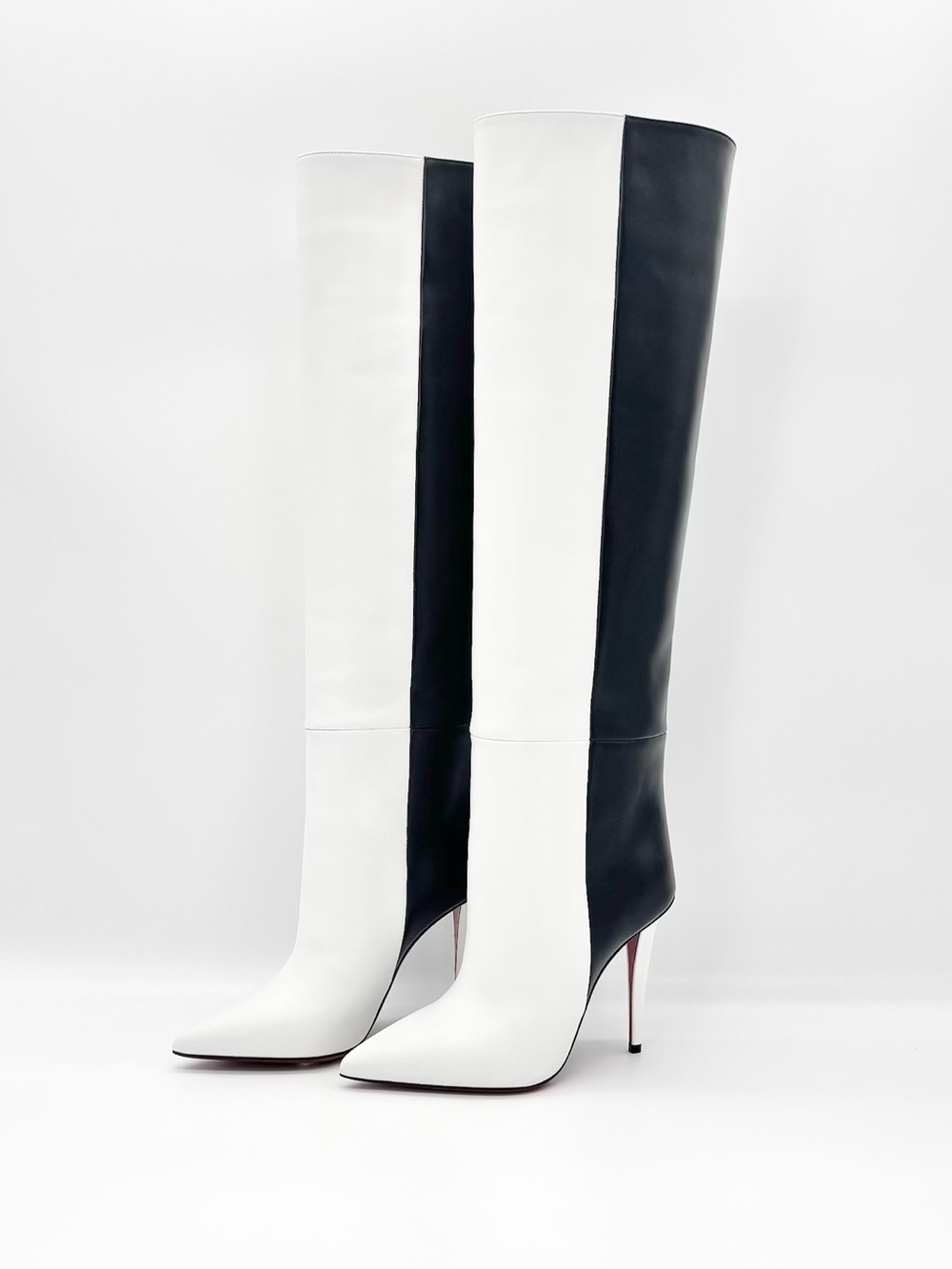 NIB Christian Louboutin Astrilarge Botta 100 Black White Pointed Toe Boots 37.5